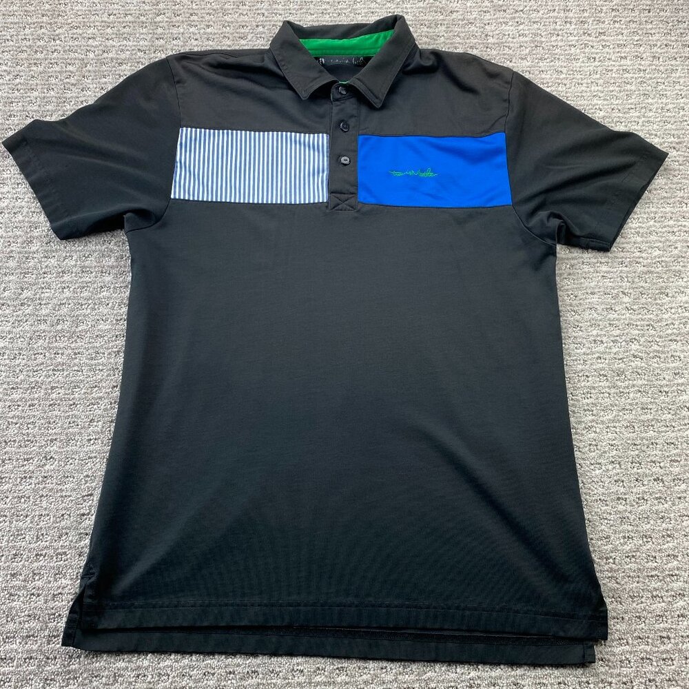 Travis Mathew Golf Shirt Men Medium M Black Blue Stripe Activewear Golfer Sporty